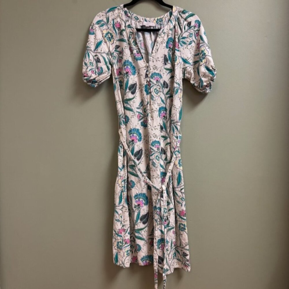LOFT Womens Midi Dress Size M Linen Floral V-Neck Puff Sleeve Cottagecore Praire